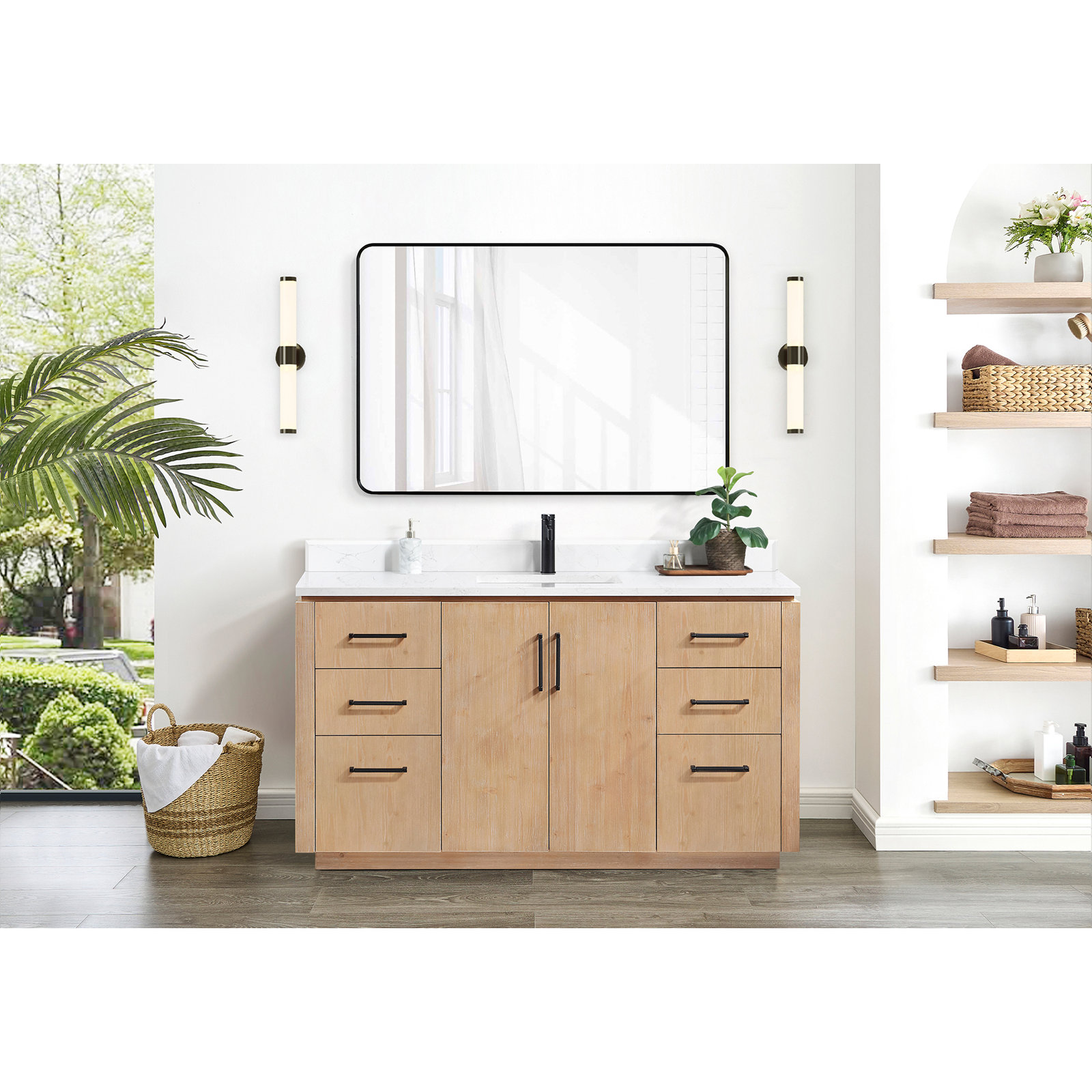 Cloverfield 60'' Single Bathroom Vanity, Fir Wood Brown, Matte Black