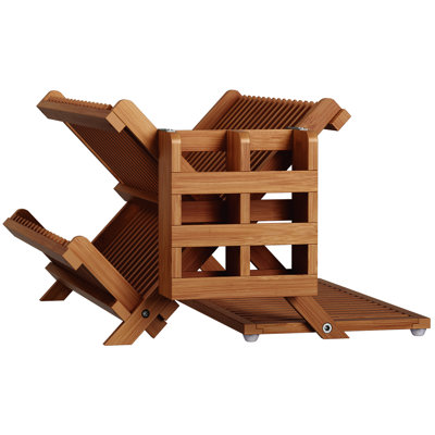 Teak Dish Drying Rack with Utensil Holder, 3 Tier Collapsible Dish Rack, Broen, Wooden Dish Racks for Kitchen Counter, Large Folding Drying Holder with Absorbent Dish Drying Mat