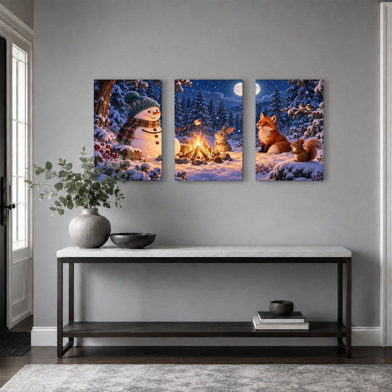 Ensemble de 3 toiles murales de Noël représentant un bonhomme de neige faisant griller des guimauves avec un renard