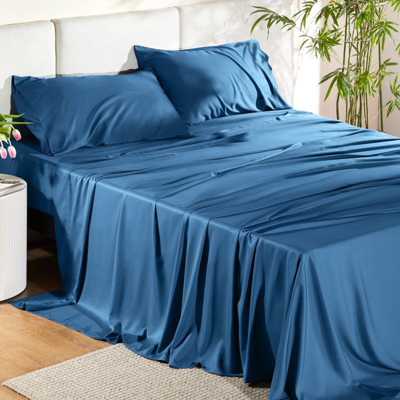 Ensemble de draps en rayonne de bambou Essential Collection, Ensemble de draps pour grand lit avec 2 taies d'or, Bleu paon