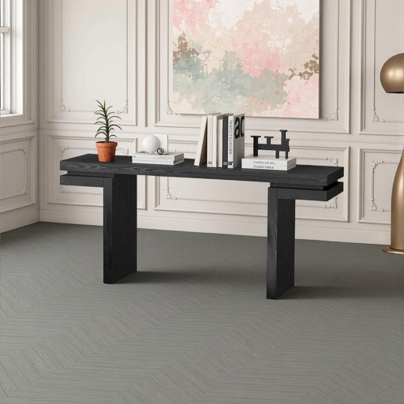 Console de 66 pouces de long avec rangement à base ouverte, plateau en panneau de fibres à densité moyenne et placage en bois massif