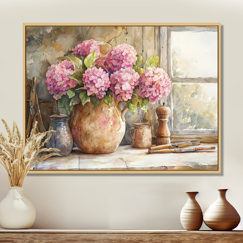 Dokken hortensias sur le comptoir de cuisine II - hydrangées grand art mural, Impression sur cadre flottant, Crème, crème