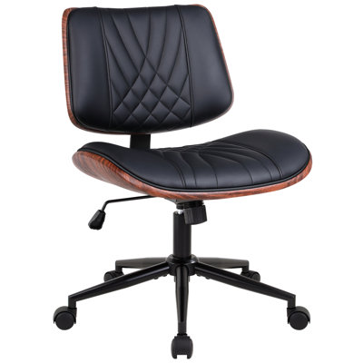 Home Office Chair Swivel Desk Chair With Wheel Small Computer Chair Armless Task Chair Modern Walnut Pu Leather Backrest Rocking Function Adjustable Height, Study Reading Meeting Room