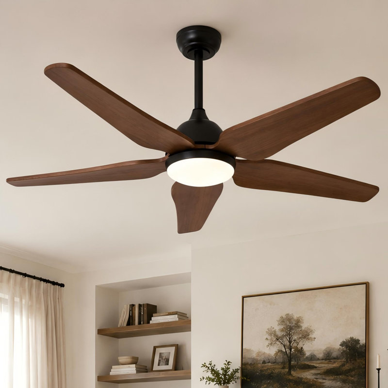 Ventilateur de plafond moderne en bois massif 52 "avec lumière, Noir mat, Bois naturel