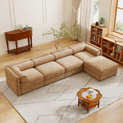 Canapé modulaire modulaire avec rangement, dossier cylindrique et accoudoirs, siège profond confortable et durable pour le salon, canapé en L à 4 places, brun clair