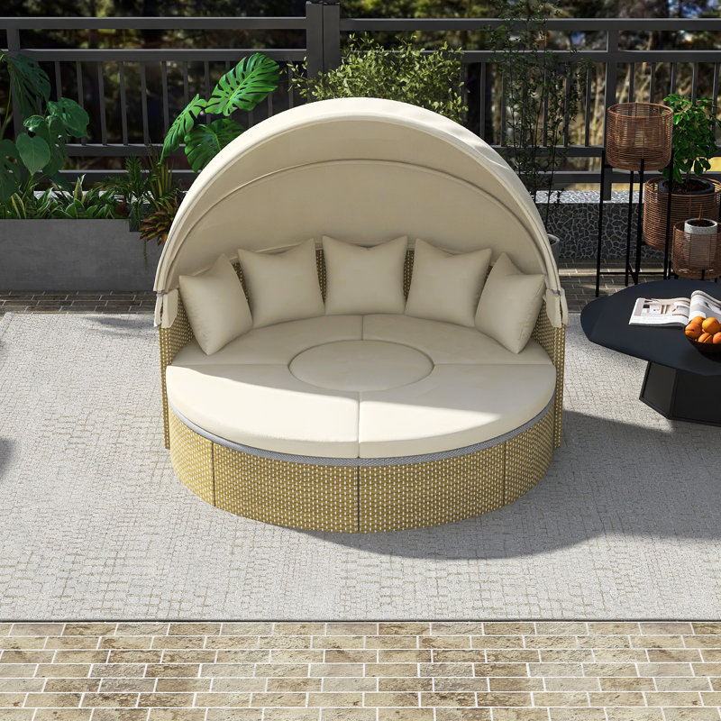 Patio Furniture Round Outdoor Sectional Sofa Set In |Rattan Daybed Two-Tone Weave Sunbed |Separate Seating And Removable Buttoned Cushion|Retractable Canopy|Adjustable Table|Water-Resistant