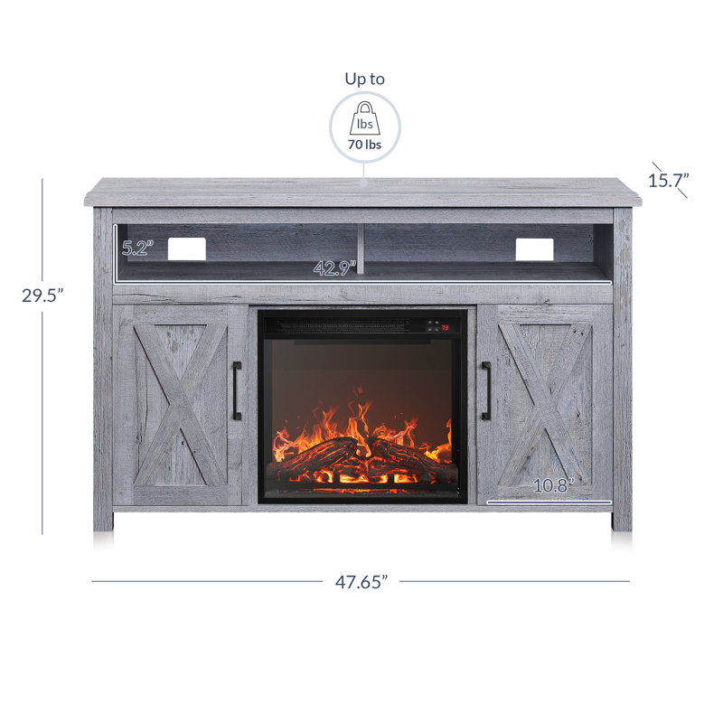 Meuble télé 48 po avec foyer électrique et foyer multimédia 18 po Pizano, Gris clair