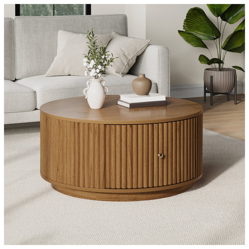 Table basse ronde cannelée avec deux tiroirs dissimulés, table basse centrale en bois massif et MDF fini noyer