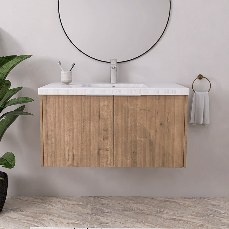 Meuble-lavabo simple avec plateau en résine Walthourville, Chêne