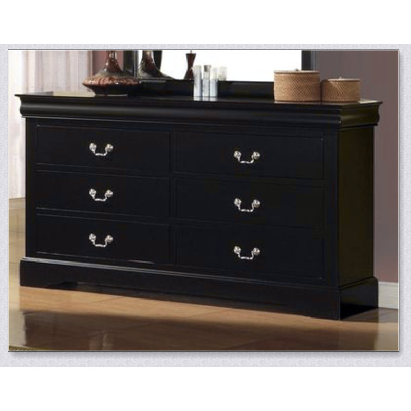 Élégante commode à finition noire Louis Philippe III avec six tiroirs spacieux, alliant élégance moderne et rangement pratique.