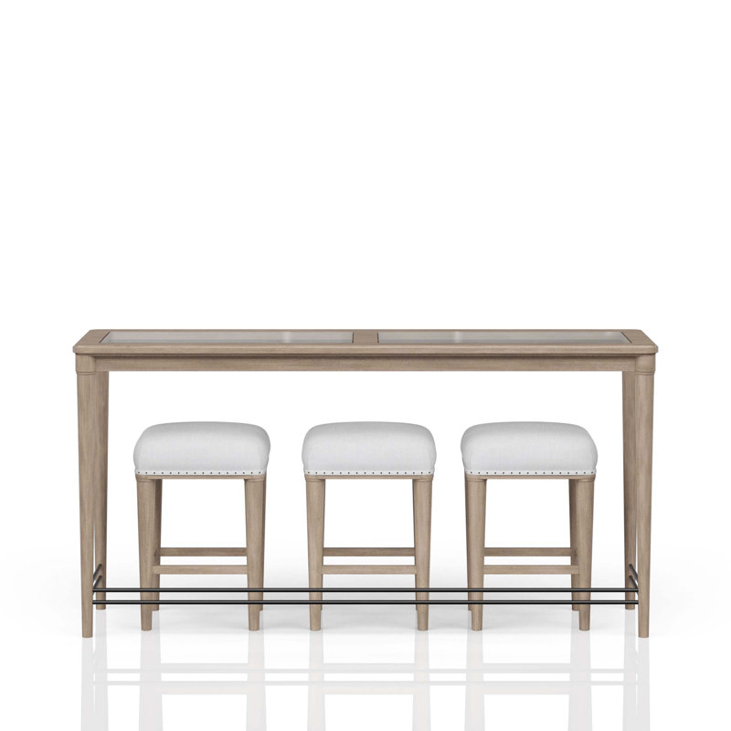 Dana Heights 4-Piece Console Table Set with 3 Stools – Sand Finish, Mindi Veneer with Frosted Glass Top