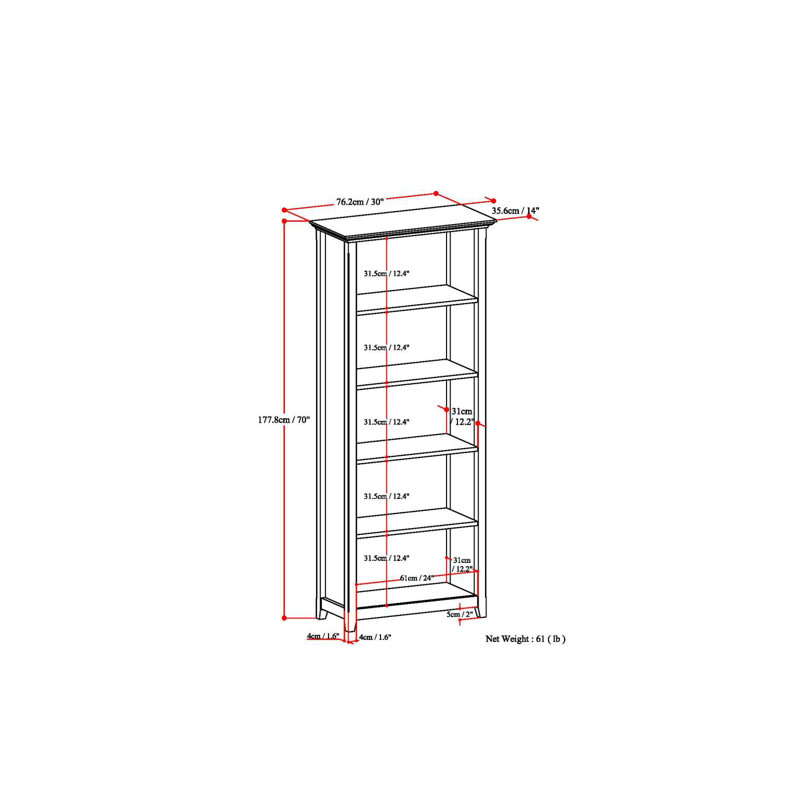 Amherst Adjustable 5-Shelf Solid Pine Bookcase in Light Golden Brown