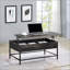 Table basse à plateau relevable de 39 po avec rangement en MDF et structure en métal noir pour le salon