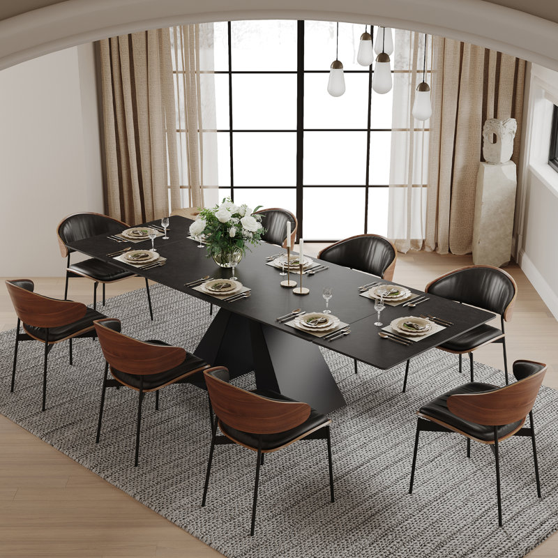Extendable 63 to 94" 10-Seat Black Sintered Stone Dining Table with Carbon Steel Base, Large Modern Rectangular Dining Room Table For Home, Kitchen, Living Room