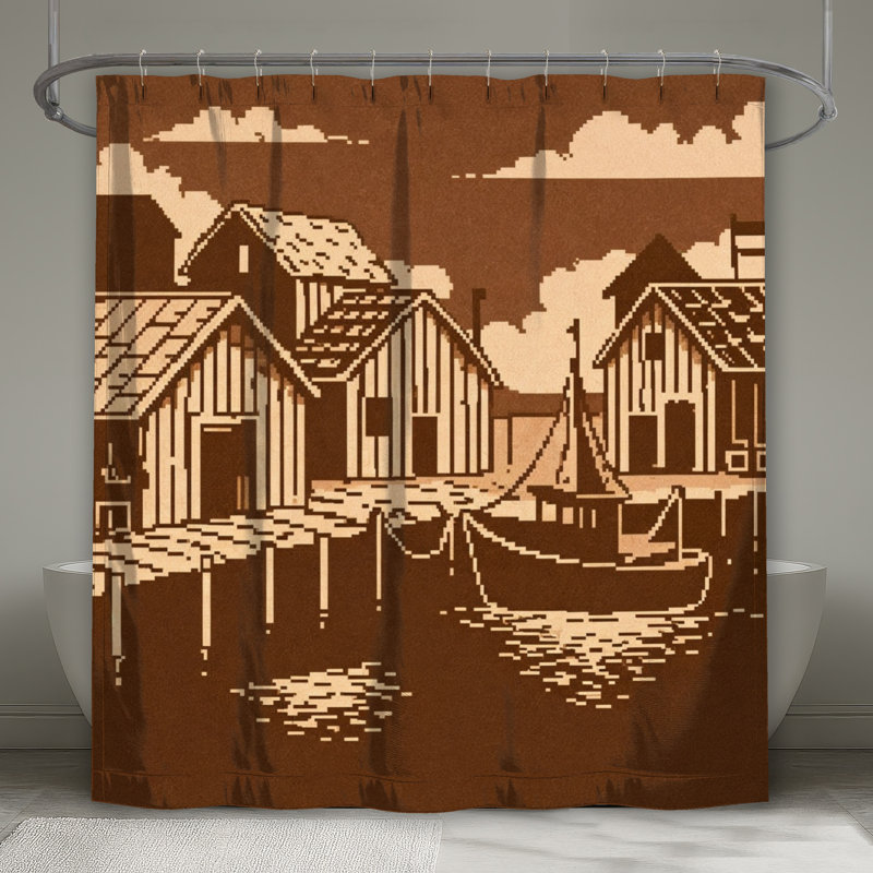 Rideaux de douche extra longs à motif pixel art de scène côtière, 70in W x 93in H, Dark Brown Medium Beige