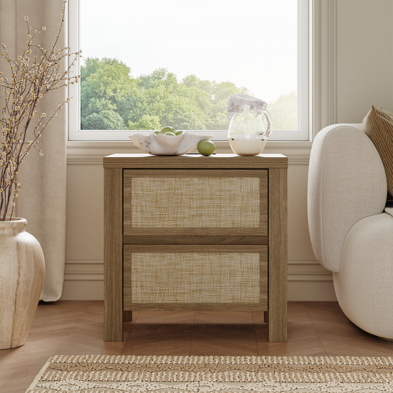 Retro Minimalism 2-drawer Nightstand With Charging Station, Light Brown