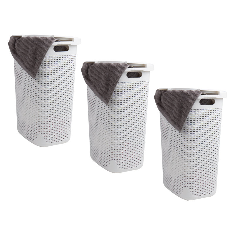  40L Slim Laundry Hamper, Clothes Basket, Lid, Wicker Design, Plastic, Set of 3, 24.15" H x 13.75" W x 17.65" D, White