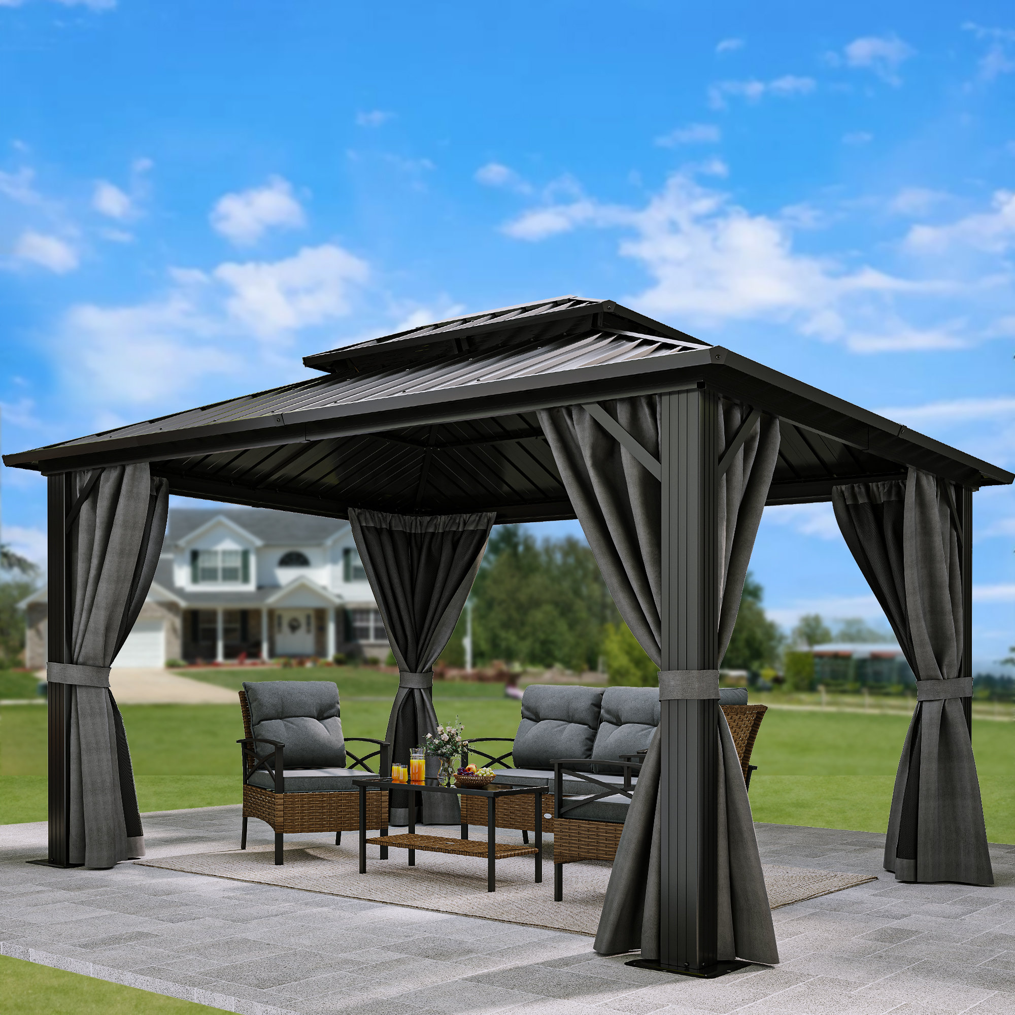 YITAHOME Outdoor Metal Hardtop Patio Gazebo with Privacy Curtain and ...