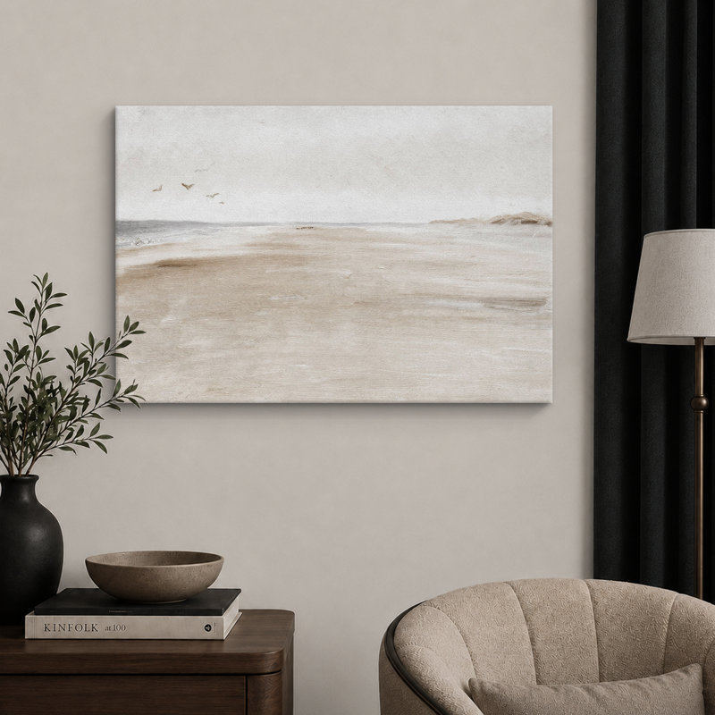 Minimal Landscape "Coastal Sandy Beach Seascape Artwork, Abstract Minimalist Neutral Decor Wall Pictures, Large Framed Canvas Giclee Print Wall Art"