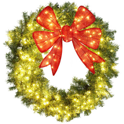 Couronne de Noël 36 pouces avec arc rouge 3D, 140 DEL blanc chaud et multicolore avec 11 modes, télécommande, cadre en métal imperméable Ip44 pour une décoration intérieure / extérieure des Fêtes