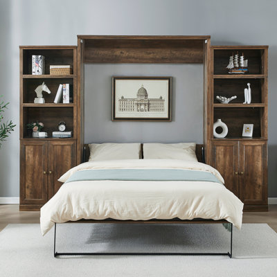 Grand lit escamotable semi-fermé et ouvert grand format avec 2 tablettes de rangement latérales pour armoire, lit peu encombrant et parfait pour la chambre d'amis, la chambre à coucher, la chambre d'amis, le bureau personnel