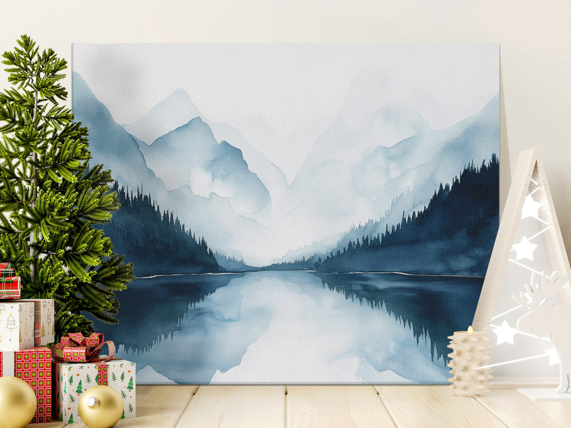Lark Manor Blue Mountain Lake Canvas Wall Art, Watercolor Landscape ...