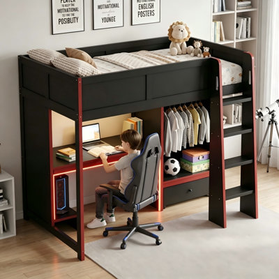 Wood Gaming Loft Bed with Built-In Desk and Storage Cabinet