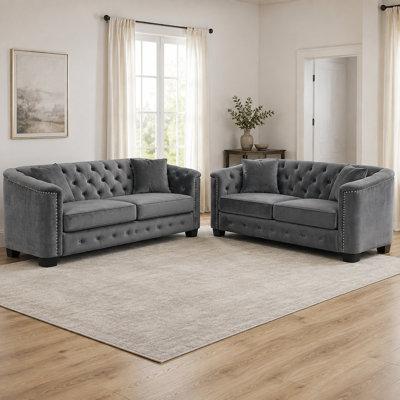 Ensemble de 2 canapés Chesterfield en velours, deux canapés trois places de 194 cm avec dossiers capitonnés, accoudoirs cloutés, 4 coussins d'assise et 4 coussins décoratifs pour salon (gris)