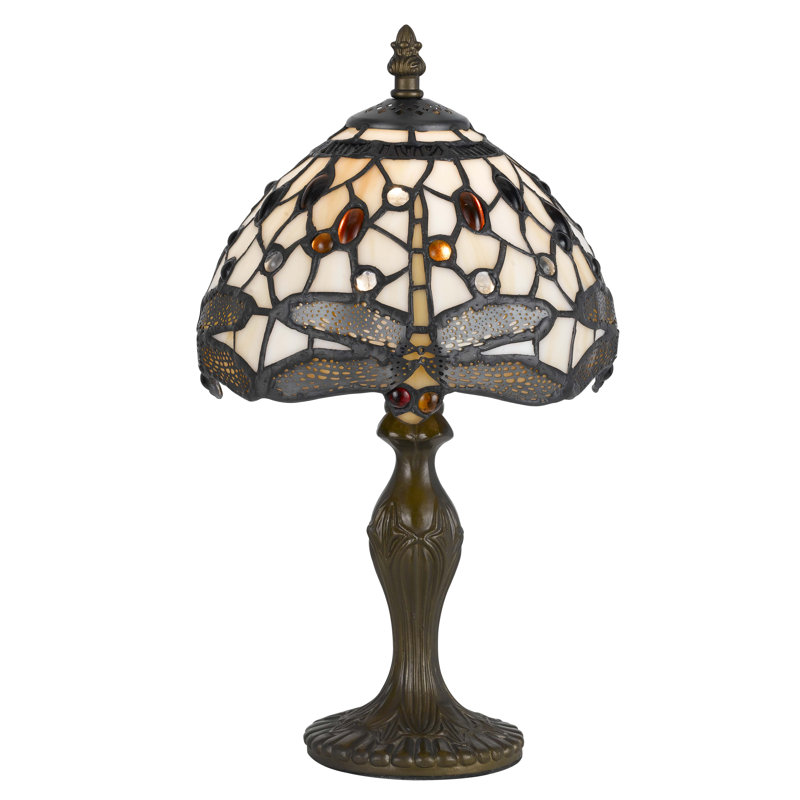 14" H Tiffany Zinc Cast Accent Table Lamp with Stained Glass Shade, Antique Brass Finish, E12, 40W