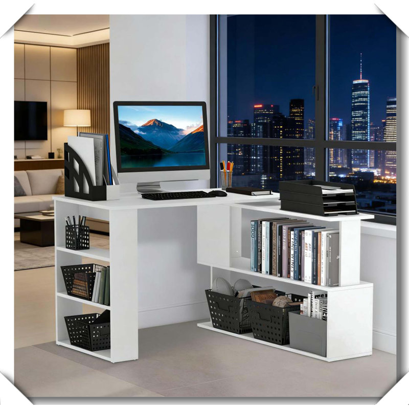L Shaped Desk 360° Rotating Space Saving Minimalist Workstation, White