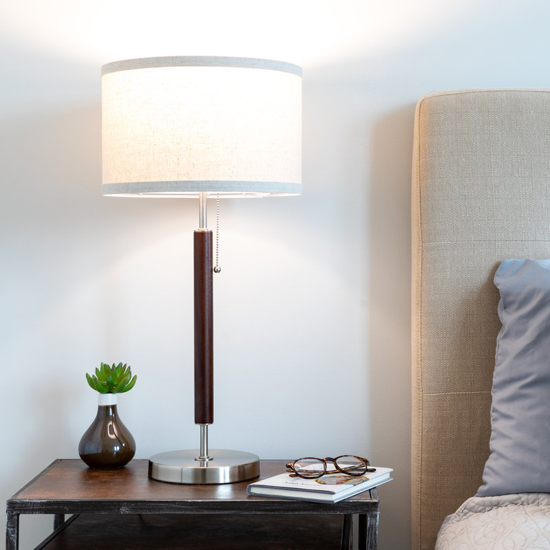 Carter 26 in. Mid-Century Modern Linen and Woodgrain LED Table Lamp