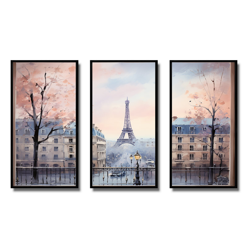 Vue rétro sur la ville de Paris, art mural rétro, H 28 po x l 36 po, Cadre flottant noir