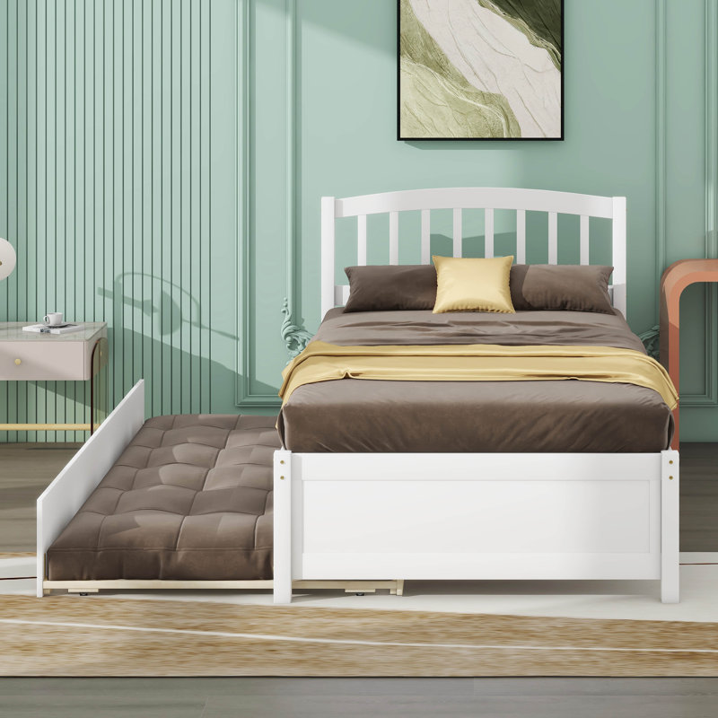 Twin Size Platform Bed Wood Bed Frame With Trundle, White