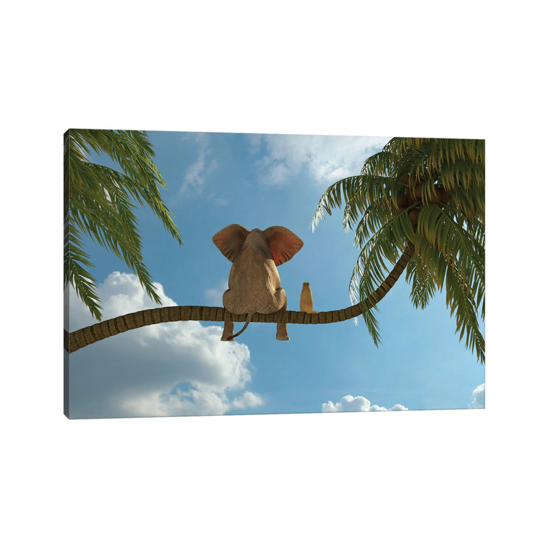 Elephant And Dog Sit On A Palm Tree by Mike Kiev - Print on Canvas, Wrapped Canvas, 30.48 cm H x 45.72 cm W