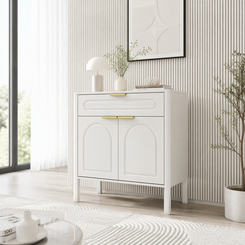 Armoire de rangement décorative avec design arqué, tiroir et bords arrondis lisses, Blanc