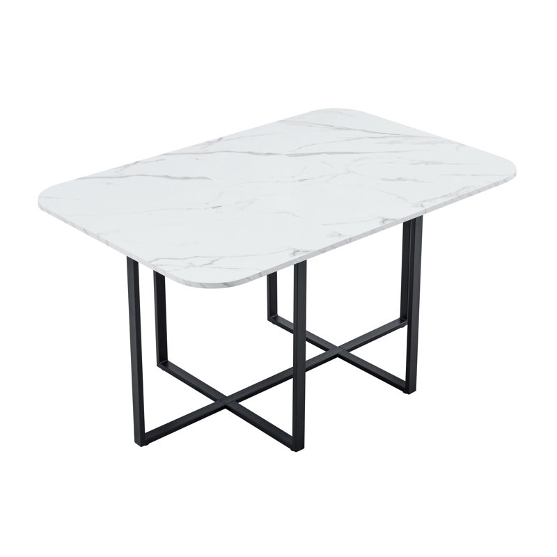 Table moderne à double texture - panneau de fibres à densité moyenne avec marbre et papier laqué à motif de bois, structure en métal noir robuste, table multi-usage 4 à 6 places pour la cuisine / coin repas / bureau à domicile