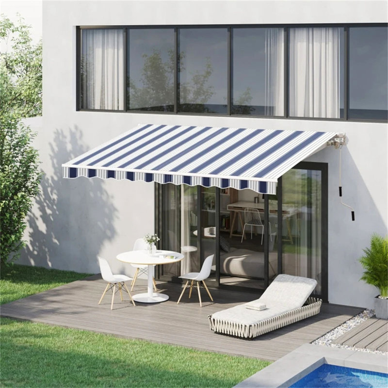Dakota Fields 250cm W x 200cm D Polyester Cover Retractable Patio Awning, 400 cm W x 300 cm D, Blue/White