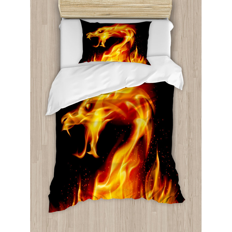 Twin Fiery Dragon Black and Orange Microfiber Duvet Cover Set