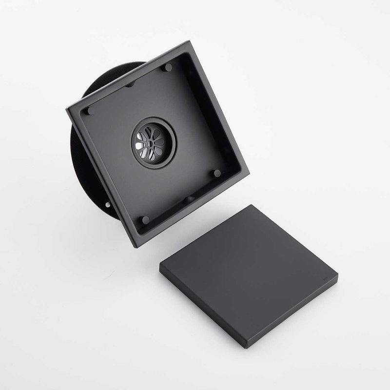 6 Inch Square Shower Floor Drain, Matte Black