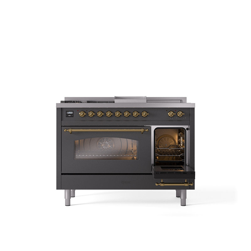ILVE Nostalgie II Series 48 inch Dual Fuel Range with 5 Sealed Burners, Griddle, Frenchtop (Glass Door), Liquid Propane