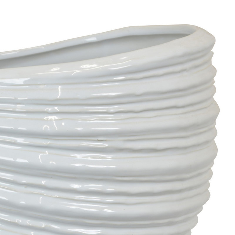 Avery Round Modern Vase, Spiral Turned Design, Ceramic, White