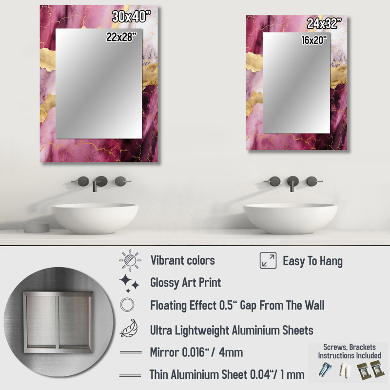 Rose et or marbre Essence I - grand miroir mural en marbre, miroir unique rose, impression d'art en métal, 40 po x 30 po