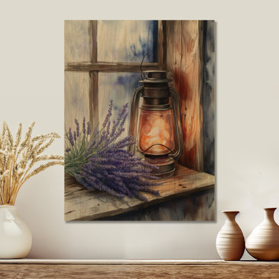 Lantern and Lavender Still Life - Farmhouse Wood Wall Decor
