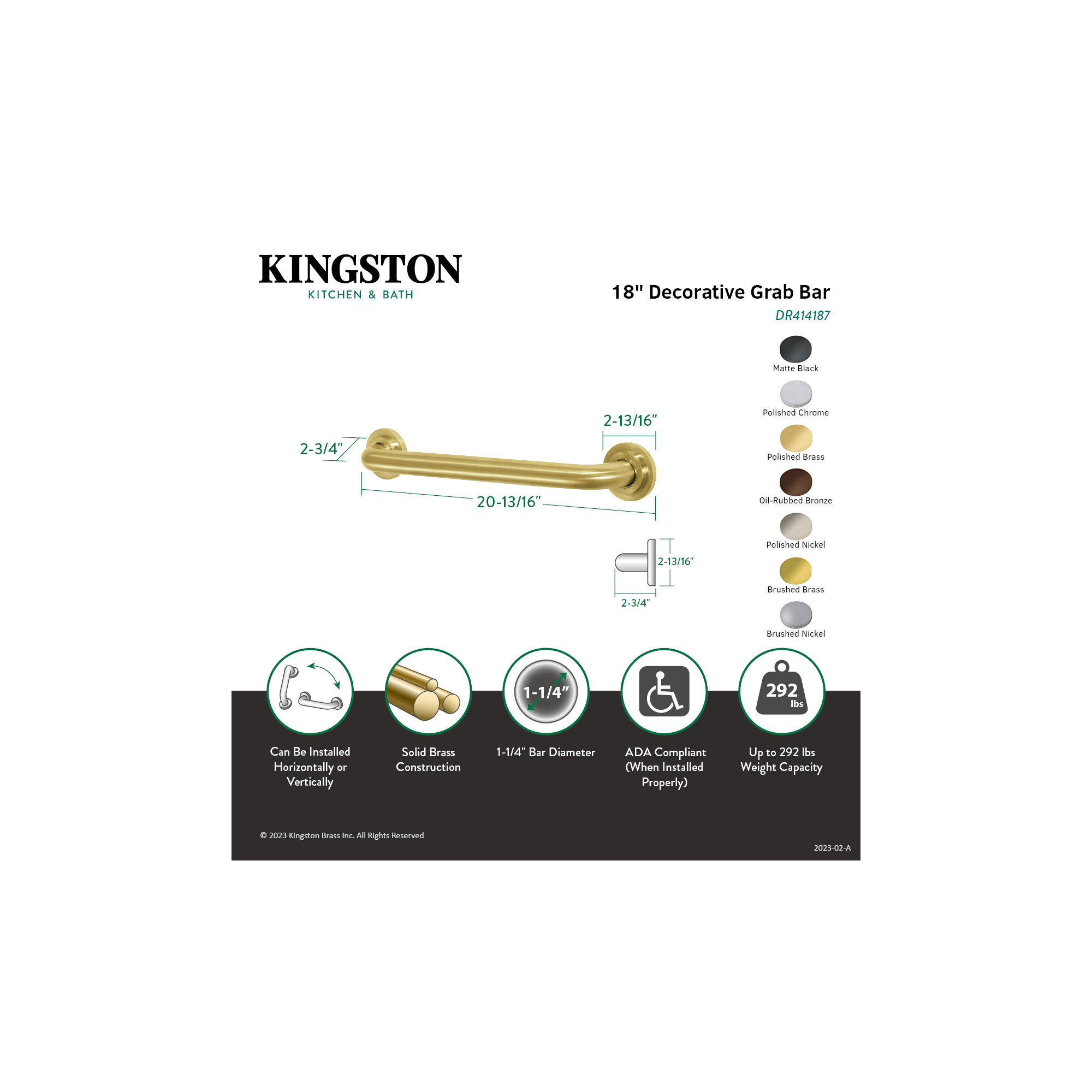 Kingston Brass Manhattan 1-1/4 Inch O.D Grab Bar, 18" W, Polished Brass