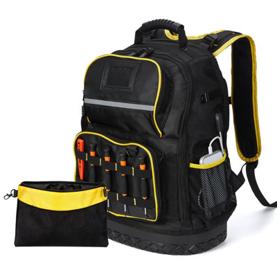 18-Inch Heavy Duty Tool Backpack with Hard Bottom – Water-Resistant Oxford Fabric Construction Worker Bag with Multiple Pockets, Laptop Sleeve & Tool Pouch – Durable Work Gear for Men
