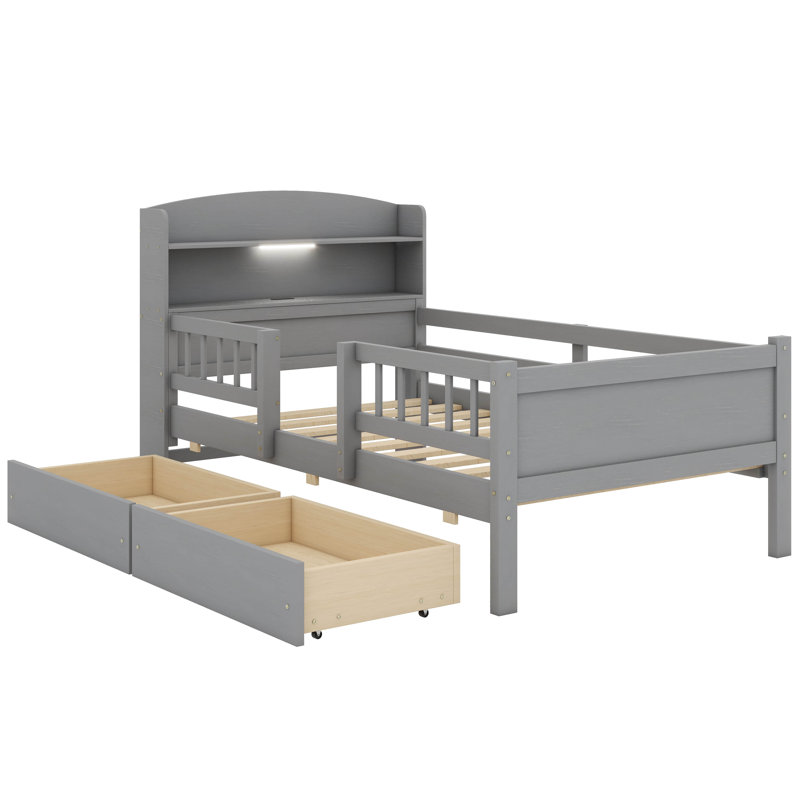 Lit plateforme moderne en bois simple équipé d'un éclairage à DEL, de rails de sécurité polyvalents pour la tête de lit et de deux tiroirs