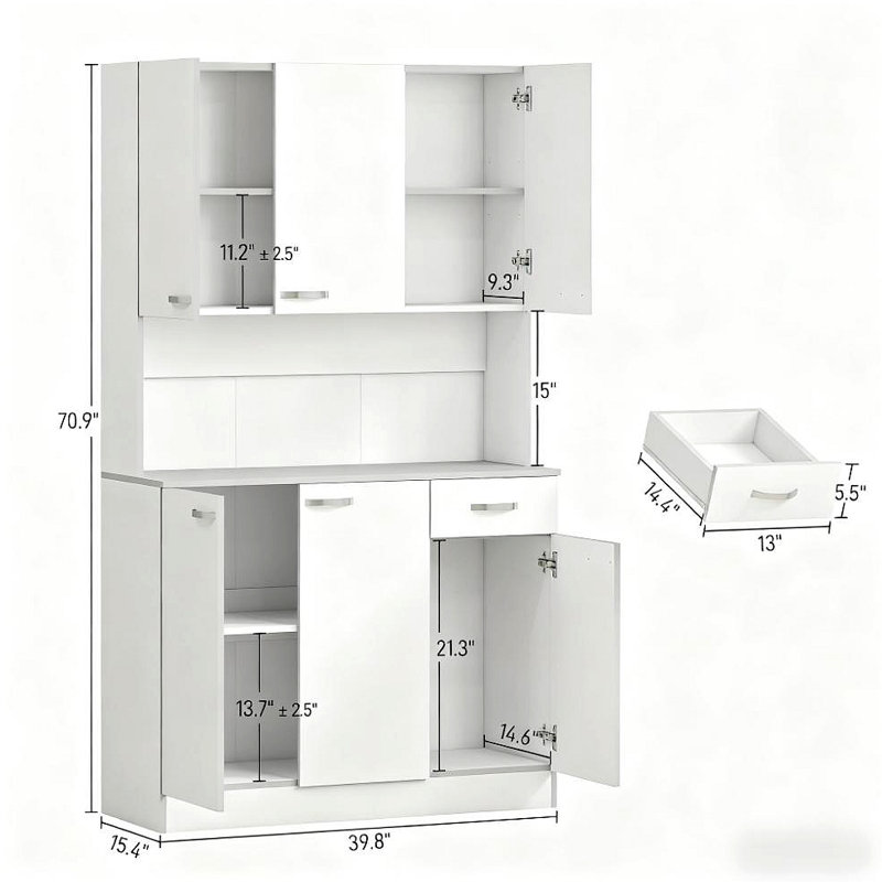 Armoire de cuisine Kitchen Pantry, armoire de rangement haute avec support pour micro-ondes, huche de cuisine moderne avec comptoir, 6 portes, tiroir de rangement, 3 tablettes réglables