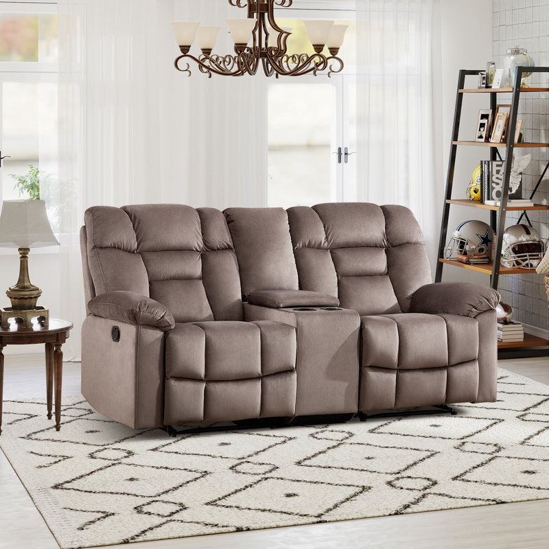 Modern Soft Microfiber Manual Reclining Loveseat Sofa With Center Console & Cup Holders, Mocha Brown