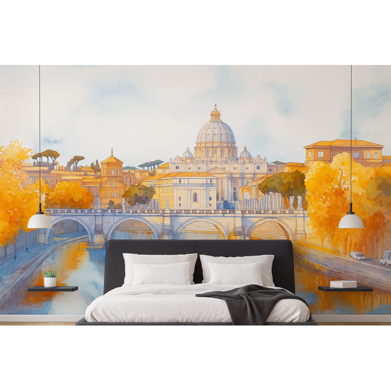 Murale Basilique Saint-Pierre de Rome - Aquarelle, papier peint pont et rivière Vn924 (Peel-N-Stick) VN924, Peler et coller