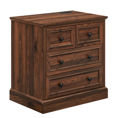 26"W  Farmhouse Nightstand With 4 Large Drawers，Wide End Table With Charging Station